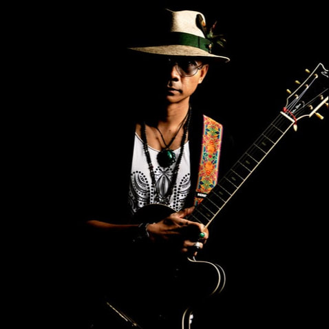 Mellow Blues Jazz Blues Guitarist Singer Songwriter Online Rock N Blues Skype Guitar Lessons Bohemian Gypsy Hippie Men Fashion Style Panama Hat Black Background