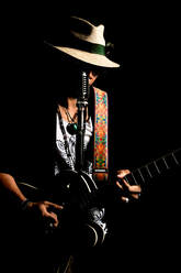 Mellow Blues Jazz Blues Guitarist Singer Songwriter Online Rock N Blues Skype Remote Video Call Guitar Lessons Bohemian Gypsy Hippie Men Fashion Style Panama Hat Black Background